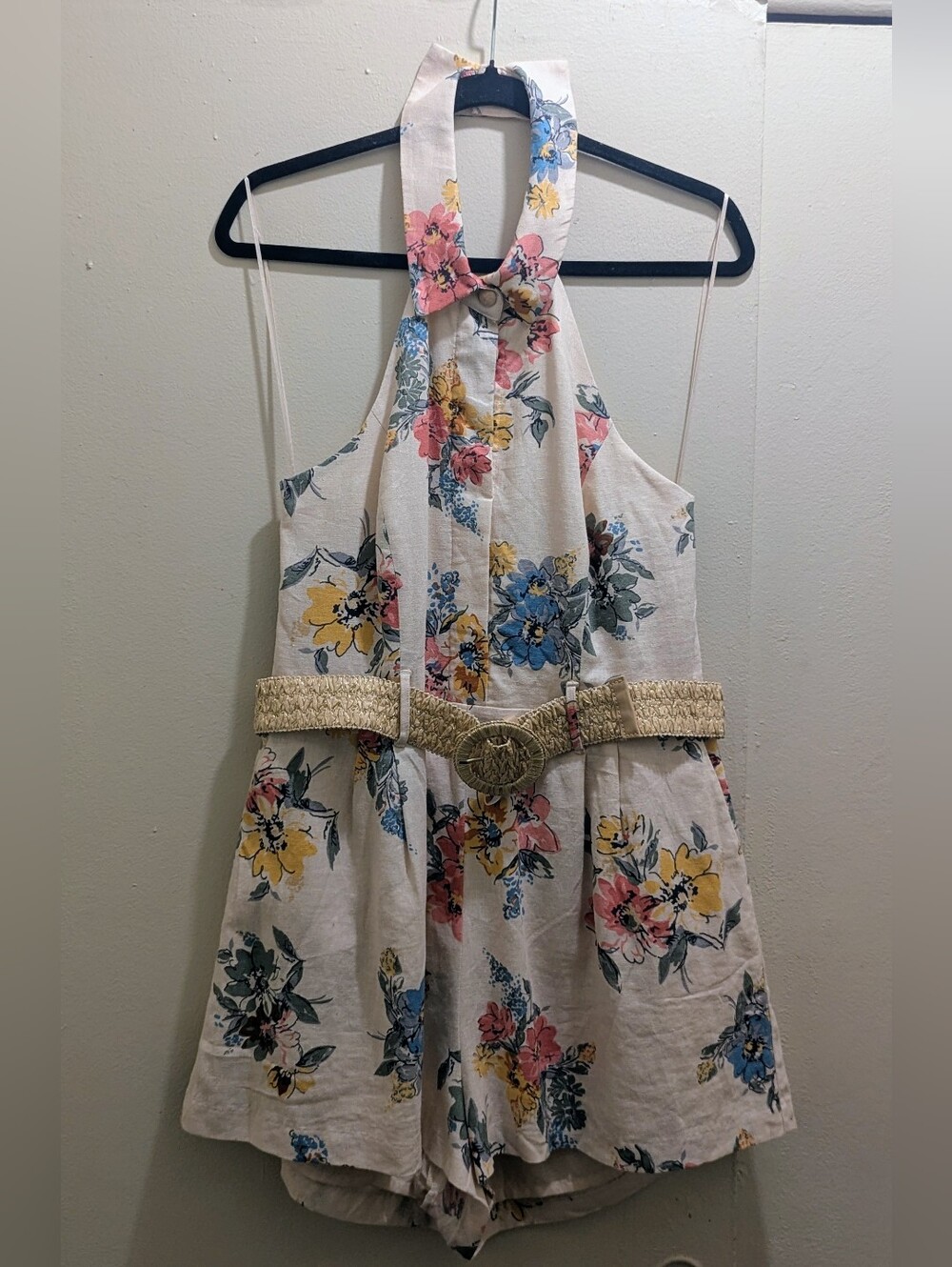 House of Harlow 1960 Ivory Floral Linen Blend Halter Romper Shorts- 12 - Picture 3 of 16